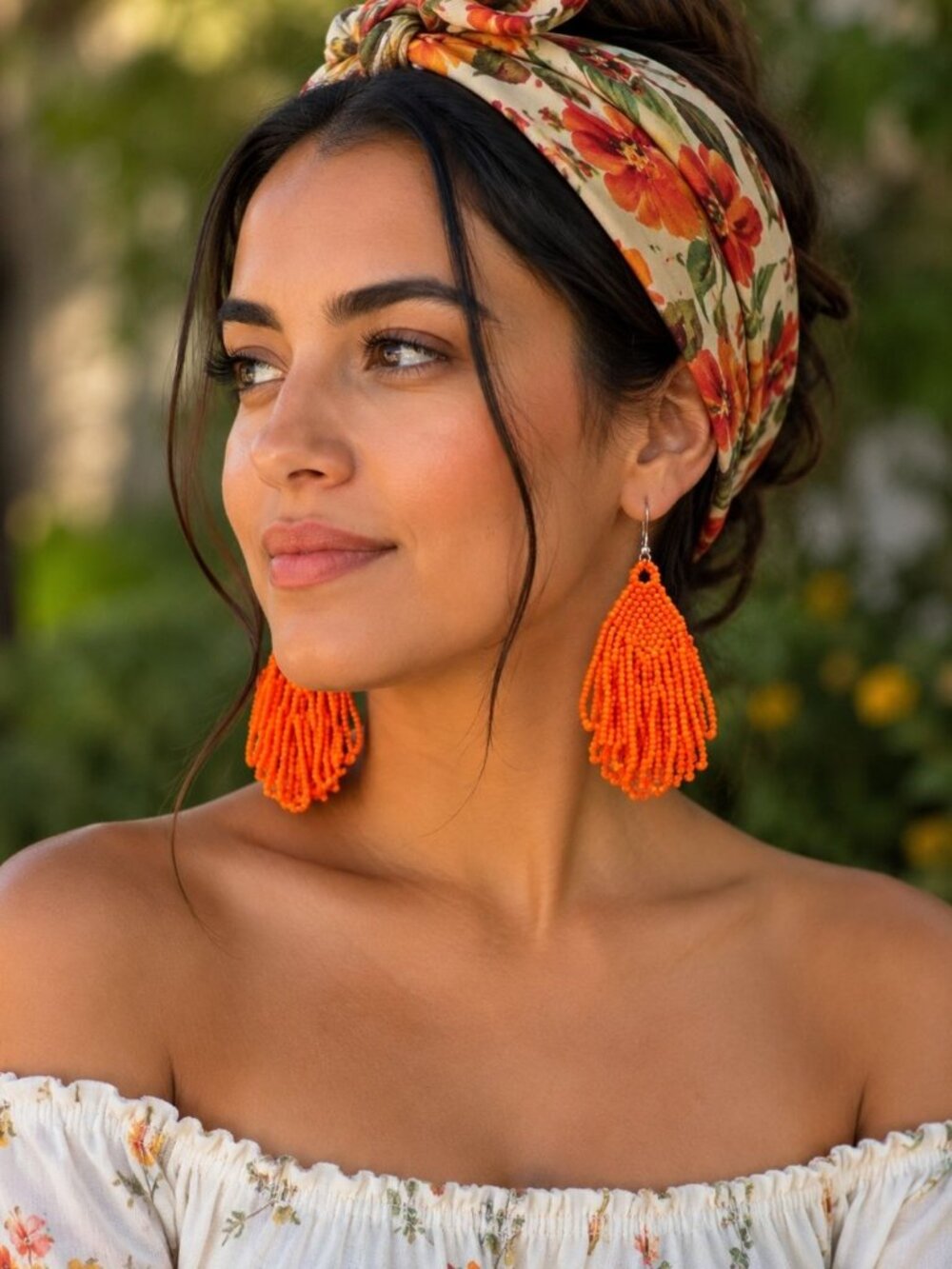 Artisan Handmade Beaded Orange Fringe Dangle Earrings Boho Ethnic